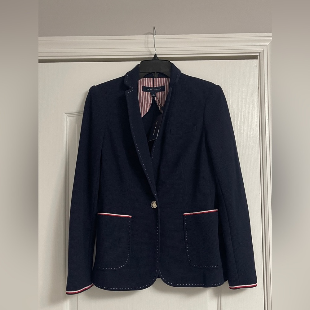 Tommy Hilfiger one button long sleeve dark blue blazer with white red details